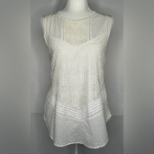 Signature Studio Boho Romance Blouse Ivory Lace Eyelet Swiss Dot Sz L